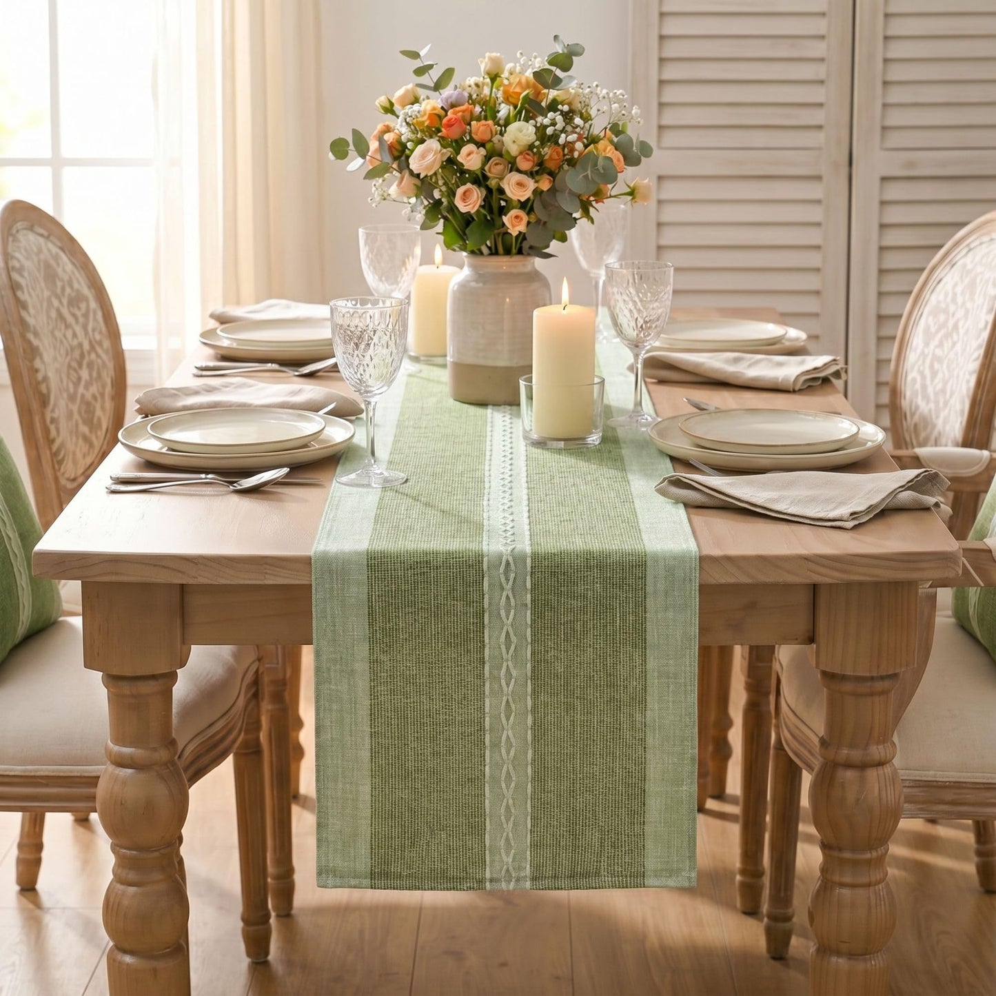 Artoid Mode Dark Green Braided Striped Rustic Chenille Table Runner, Seasonal Spring Embroidered Kitchen Dining Table Decoration for Home Party Decor 13x72 Inch
