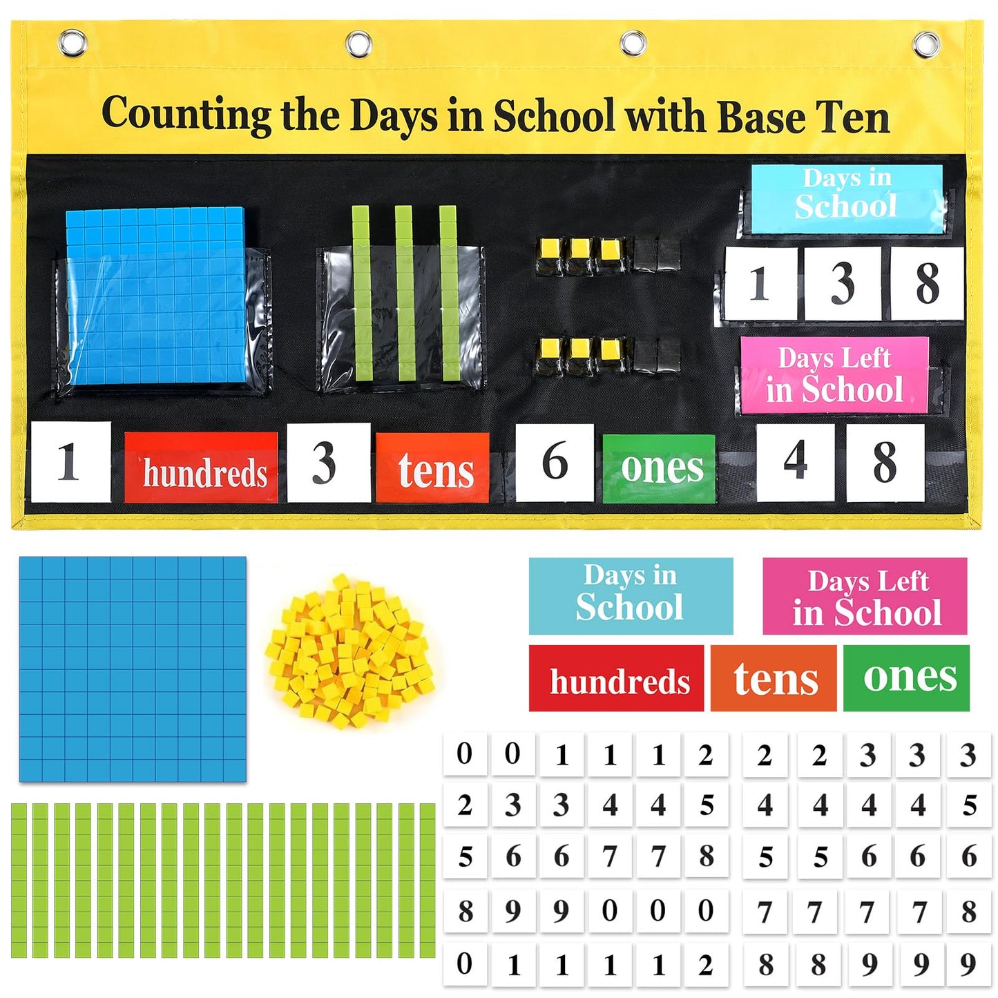 Humyoun Back to School Counting The Days Pocket Chart with Base Ten Pocket Place Value Caddie Chart for Classroom Bulletin Board Math Home Decor