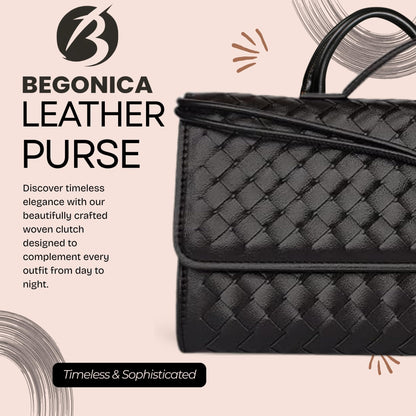 BEGONICA Woven Evening Clutch Purse for Women - Soft Vegan Leather Crossbody Bag - Small Black Evening Bag - Elegant Shoulder Handbag for Weddings & Parties
