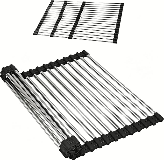 CHIRISEN Expandable Roll Up Dish Drying Rack Large, Foldable Over The Sink Dish Drying Rack, Collapsible Stainless Steel Drainer Over Sink Dish Drying Rack for Kitchen Counter (Black, 21.25''x12.79'')