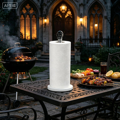 Homestia Skull Paper Towel Holder - Black Obsidian Gothic Marble Stainless Steel Countertop Stand, Weighted Non-Slip Base, Fits Standard & Jumbo Rolls for Kitchen Bathroom