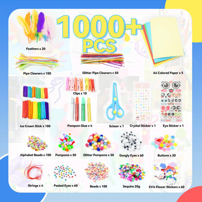 SMILESSKIDDO Arts Craft Supplies for Kids - 1000+ PCS Toddler DIY Craft Art Supply Set, Portable 3 Layered Folding Storage Box School Craft Projects - Gifts for Girls Ages 4-8, 8-12, Blue