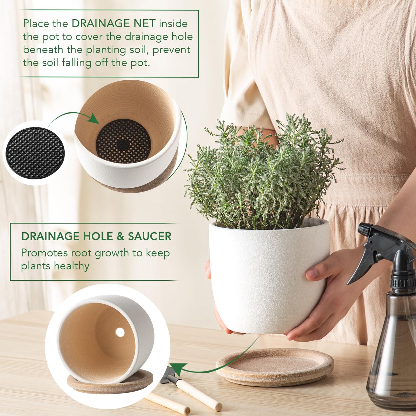 POITONRU Ceramic Flower Pots Indoor-Outdoor: 5.75 Inch Planters with Drainage Holes & Saucer - Modern Decorative Plant Pots Ceramic for Home Gardeners (White)