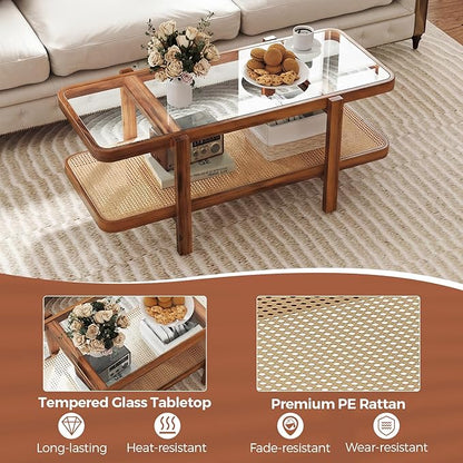 Giantex Rattan Coffee Table, 47.5" Rectangle Solid Wood Tea Table w/Tempered Glass Tabletop, Rattan Storage Shelf, 2-Tier Boho Coffee Tables, Farmhouse Center Table for Living Room (Brown)