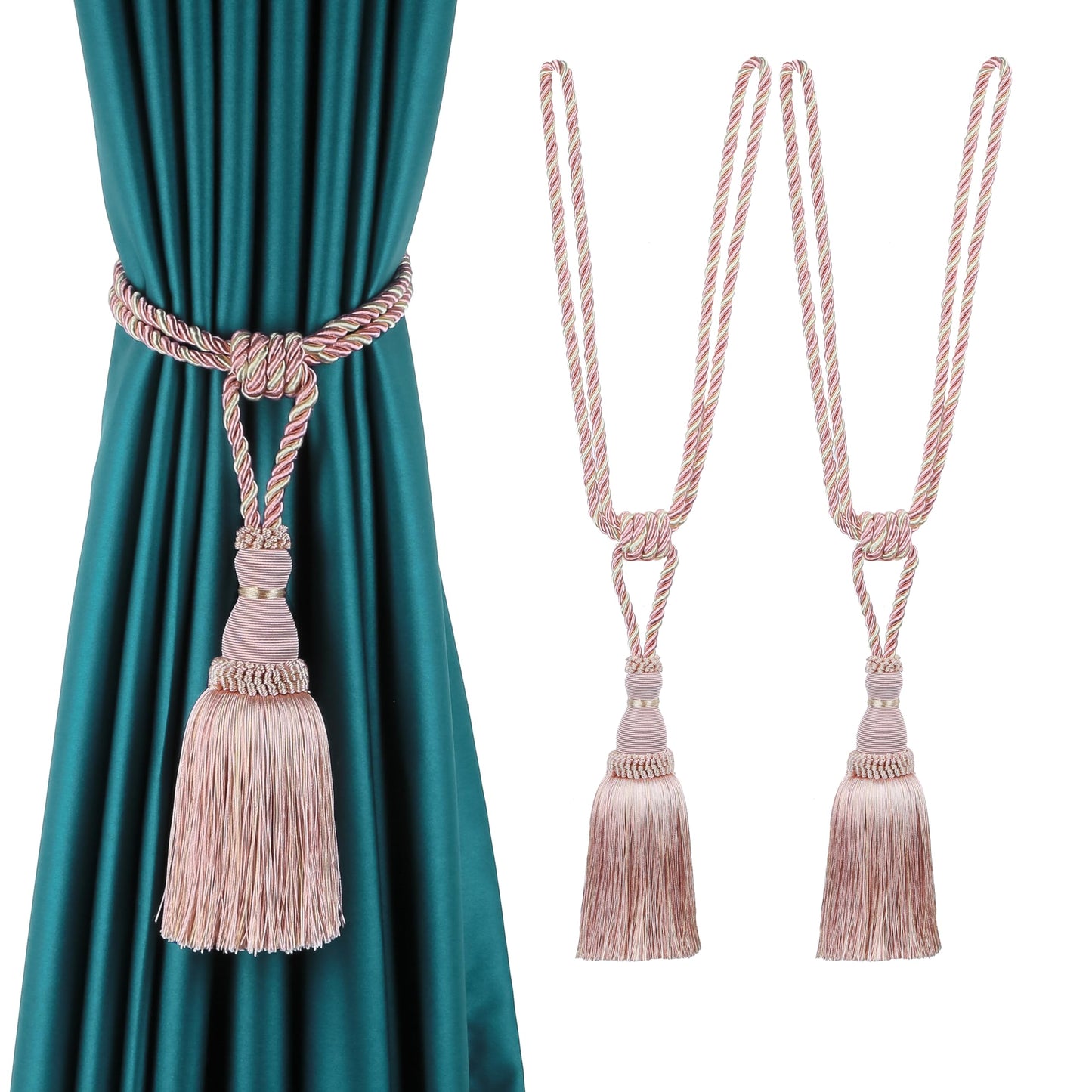 BEL AVENIR 2 Pack Curtain Tiebacks Tassel Drapery Tie-Backs Rope Handmade Holdbacks Home Office Hotel Decorative (Pink, 2 Pack)