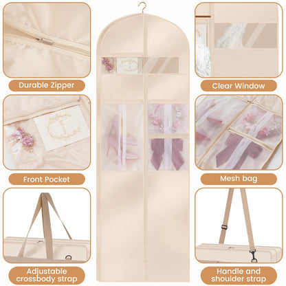 TANGKA Upgraded Version 72" Wedding Dress Garment Bag Dress Bags for Gowns Bridal Dress Travel Bag with 12”Gusseted and Accessory Pockets for Wedding Dress, Puffy Gowns, Equipped with Shoulder Straps