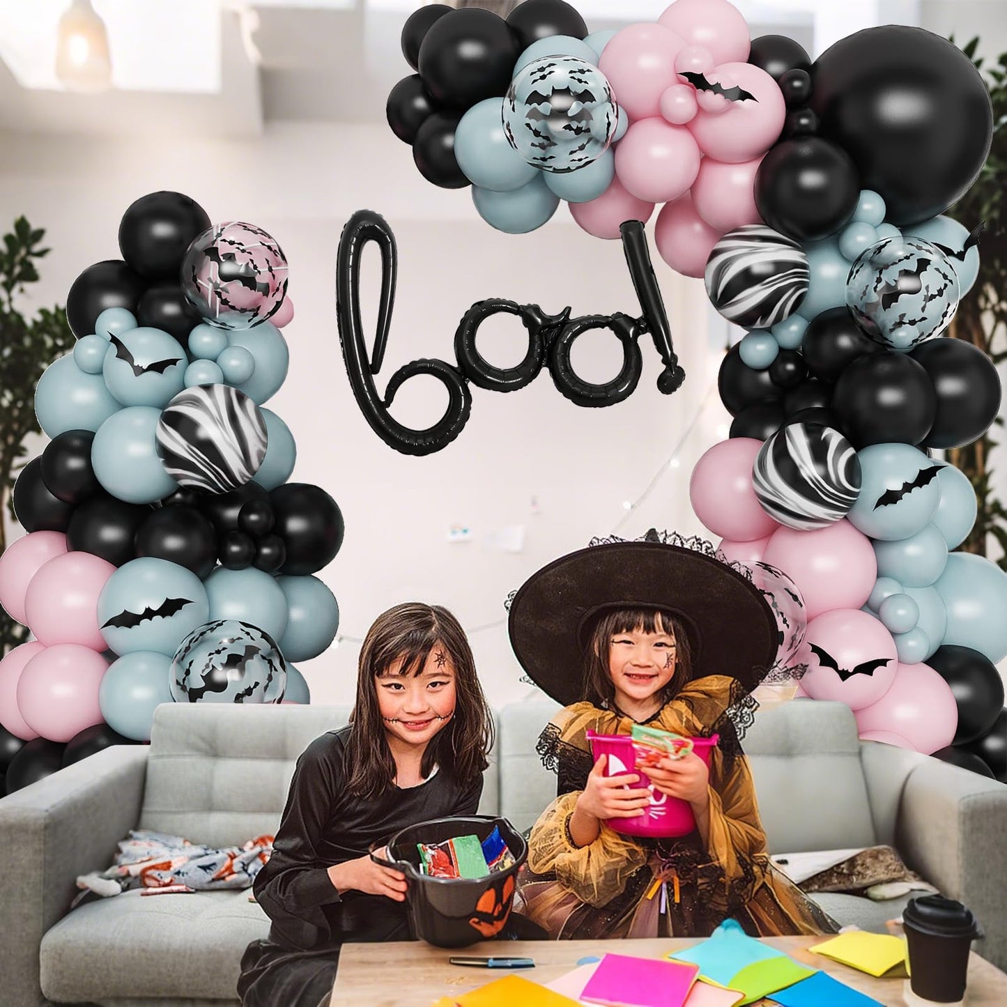Froova Halloween Balloons Arch Dusty Pink Blue Balloon Garland Kit Boo Foil Balloons with 3D Bat Stickers for Boy or Girl Gender Reveal Night Pink Ghost Spooky One Baby Shower Birthday Party Decor