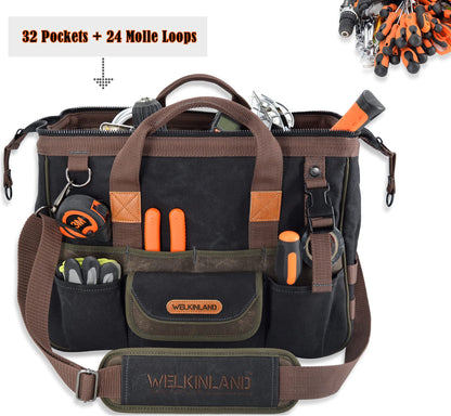 WELKINLAND 32-Pockets Waxed Canvas tool bag, Heavy-Duty Electrician tools bag, HVAC tool bags, Tool bag organizer, 16" Tools bag carrier for men, Tool bags for electricians