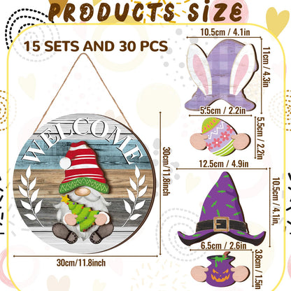 Qunclay Antique Interchangeable Wooden Gnome Decor Holiday Seasonal Gnome Decorations with Magnet Pieces and Detachable Hats Changeable Welcome Sign for Home