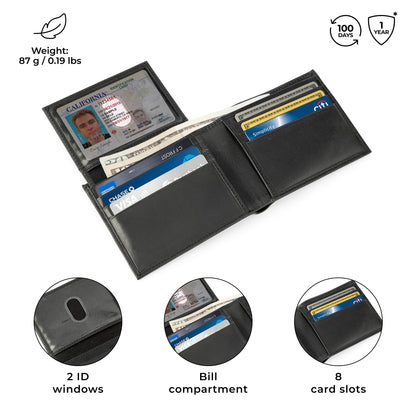 BERLINER BAGS Premium Genuine Leather Wallet for Men Peter, with ID Window, RFID Blocking, Bifold, Front Pocket Slim Wallet, 8 Card Holder, Bills Compartment, 2 ID Windows, Gift Box- Black