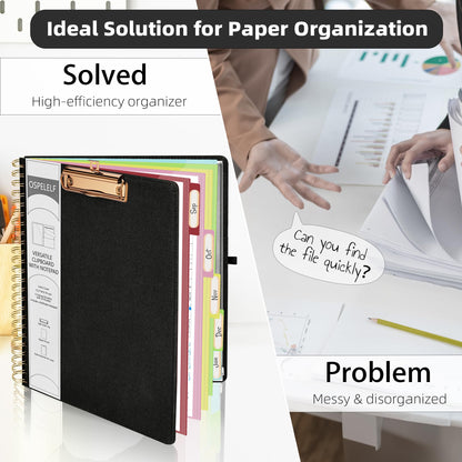 Ospelelf Black Foldable Spiral Clipboard Folio with Storage Zipper Pouch, 5 Plastic Folders with 10 Pockets,Refillable Lined Notepad (11" x 8.5"), Hardcover Project Organizer with 39 Stickers