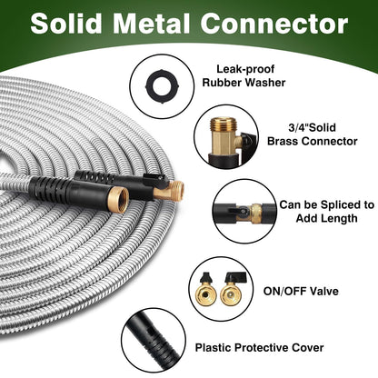 WHOBUY 25FT Metal Garden Hose 304 Stainless Steel Flexible Water Hose - No Kink & Tangle Heavy Duty Pipe with Nozzle, Durable 3/4 Brass Fittings and Valve - Rust Proof Puncture Proof for Yard Lawn