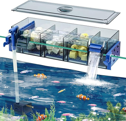 Multi Layer Aquarium Fish Tank Filter with Waterfall Oxygenation Suitable for 20-30 Gallon Fish Tanks, Flexible Mounting, Dust & Splash Protection