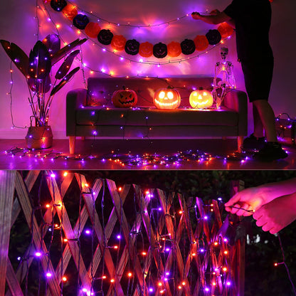 Joomer Orange Purple Halloween Lights, 66ft 200 LED Battery Operated String Lights Waterproof with 8 Modes & Timer Function for Halloween Outdoor Indoor Decorations