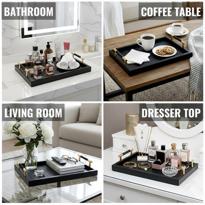 Bamboo Vanity Tray for Dresser -13.4"x8.7" Cologne Tray with Handles, Black Gold Trinket Tray for Perfume, Jewelry, Watch, Key - Bathroom Tray with Leather Mat for Countertop, Living Room, Bedroom