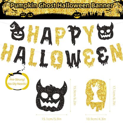 SHERONV Halloween Party Decorations, Black Gold Glitter Happy Halloween Banner, Pumpkin Ghost Bats Decorations, Hanging Swirls for Home Office Indoor Outdoor Party Event Decors