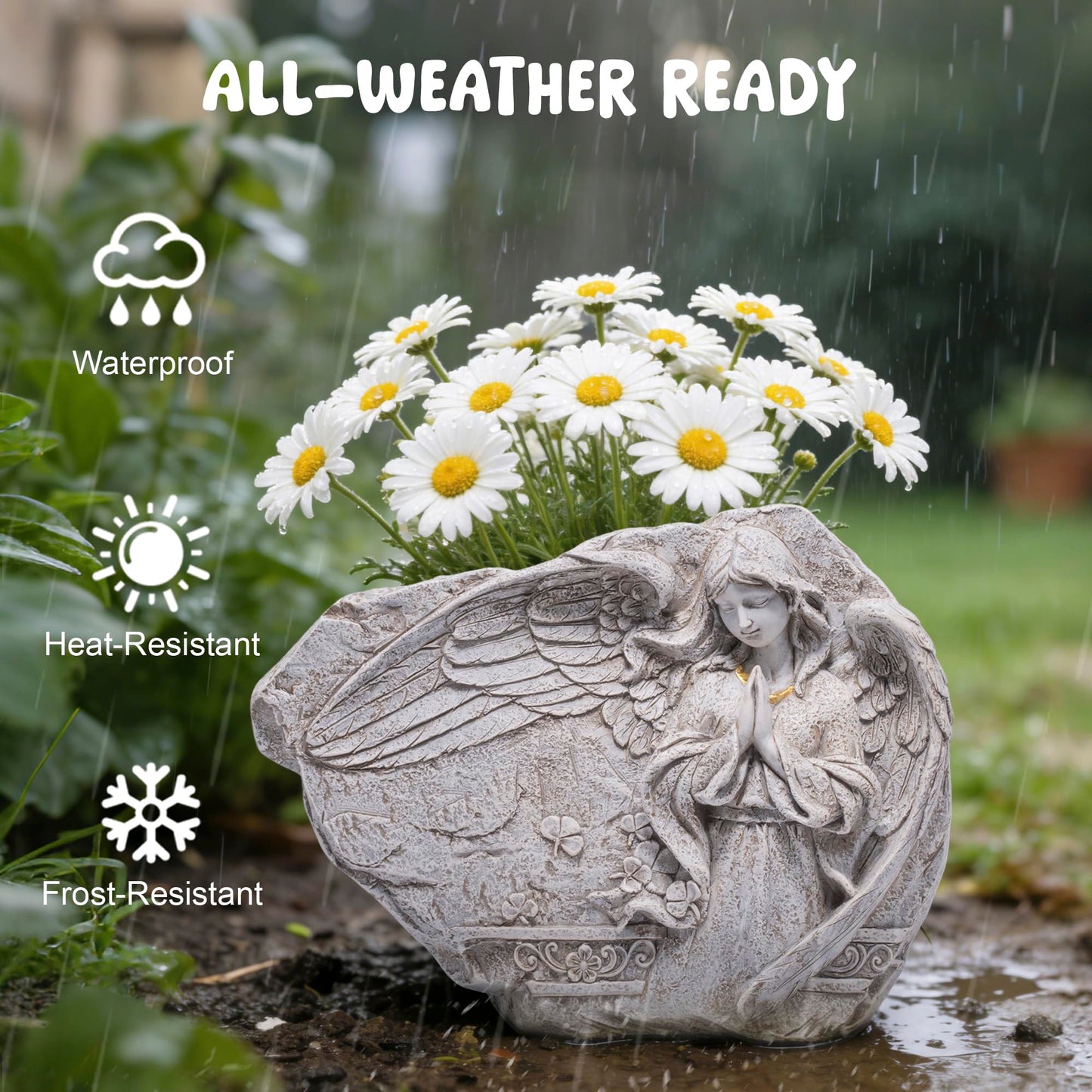 basen Angel Garden Planter Outdoor, Resin Flower Pot with Praying Angel Relief Sculpture, Decorative Planter for Yard Lawn Patio, Stone Style Garden Flower Pot for Plants Succulents Decor