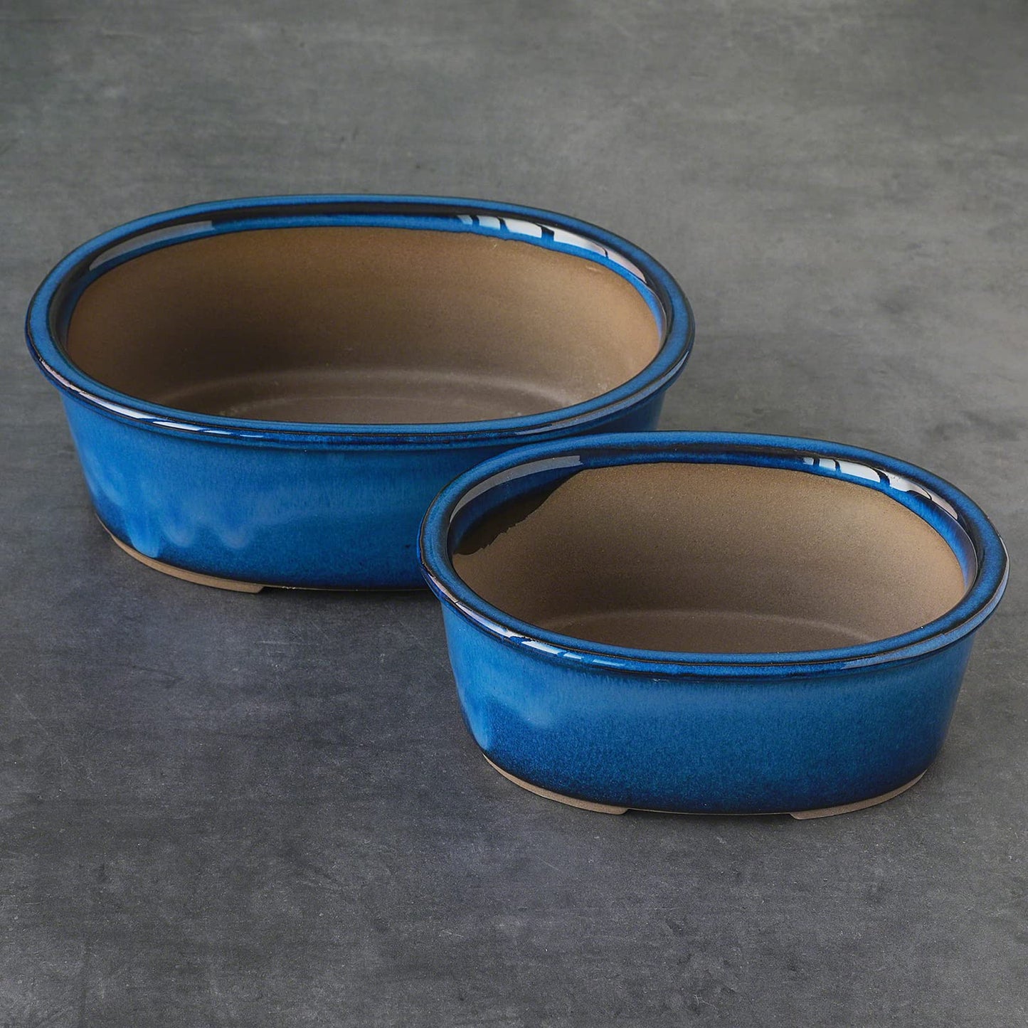 Wazakura Banko Series 2 PCS Blue Bonsai Pot Set with Drainage Holes, Made in Japan Ceramic Garden Planter Pack, Handmade Glazed Houseplant Bowl