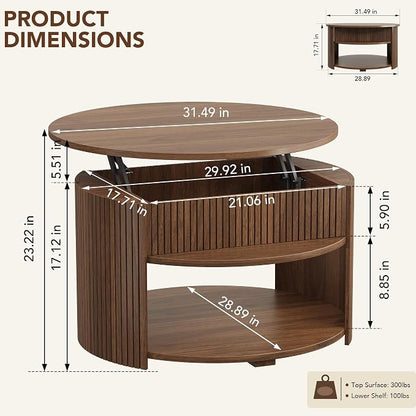 31.5" Round Lift Top Coffee Table with Storage, Fluted Mid-Century Modern Coffee Tables for Living Room, with Hidden Compartment, for Small Spaces & Home Office, Walnut