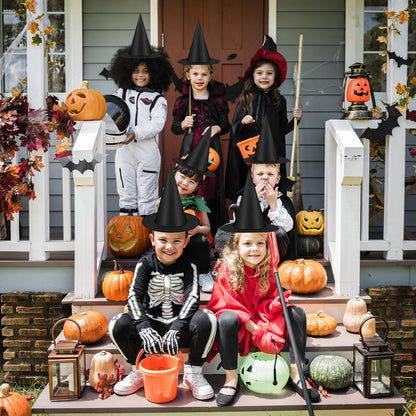 Famoby 12pcs Halloween Black Witch Hat with 157 FT Nylon Cord &120pcs Bat Sticker for Indoor Outdoor Home Yard Porch Ceiling Halloween Party Decorations