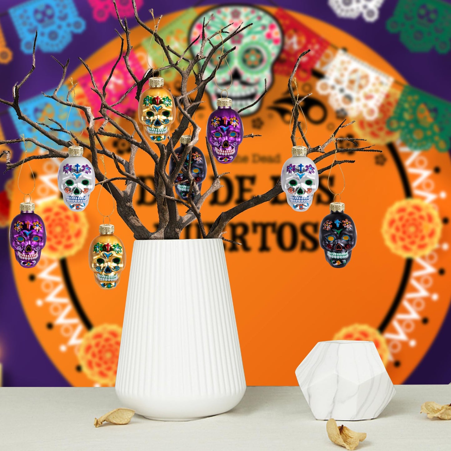 12 Pcs Day of The Dead Glass Ornaments- Dia De Los Muertos Sugar Skull Decorations- Halloween Hanging Skeleton Head Ornaments for Parties Xmas Tree Decoration