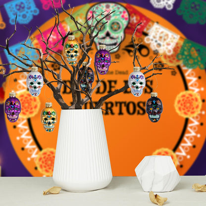 12 Pcs Day of The Dead Glass Ornaments- Dia De Los Muertos Sugar Skull Decorations- Halloween Hanging Skeleton Head Ornaments for Parties Xmas Tree Decoration