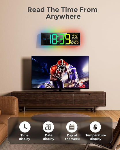 EASYERA 16.5" Large Digital Wall Clock with BT Sync, RGB Lights with 11 Scenes Mode Remote Control, Big LED Clock with Dual Alarms, Auto DST, Temperature for Classroom Gaming