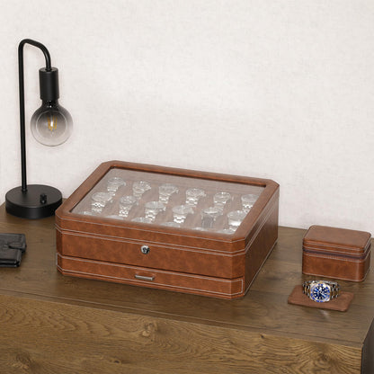 ROTHWELL 18-Slot Watch Case with Drawer – Luxury Watch Box for Men, Real Glass Top, Lockable, Display Case for Collections (Tan/Brown)