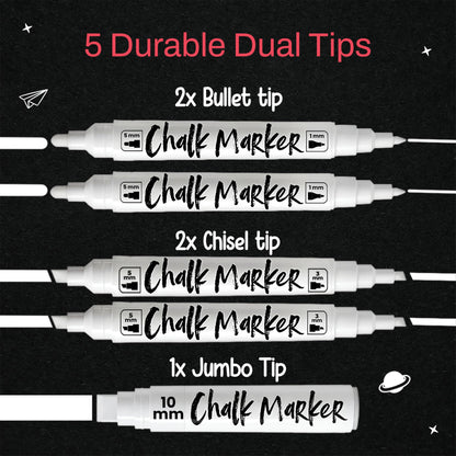 Chalkola 5 White Chalk Markers - Dual tip, Chisel & Bullet Tip (1mm, 3mm, 5mm), Wide Tip (10mm) | Erasable Liquid Chalk Pens for Blackboard, Chalkboard Signs, Car Window, Bistro, Glass
