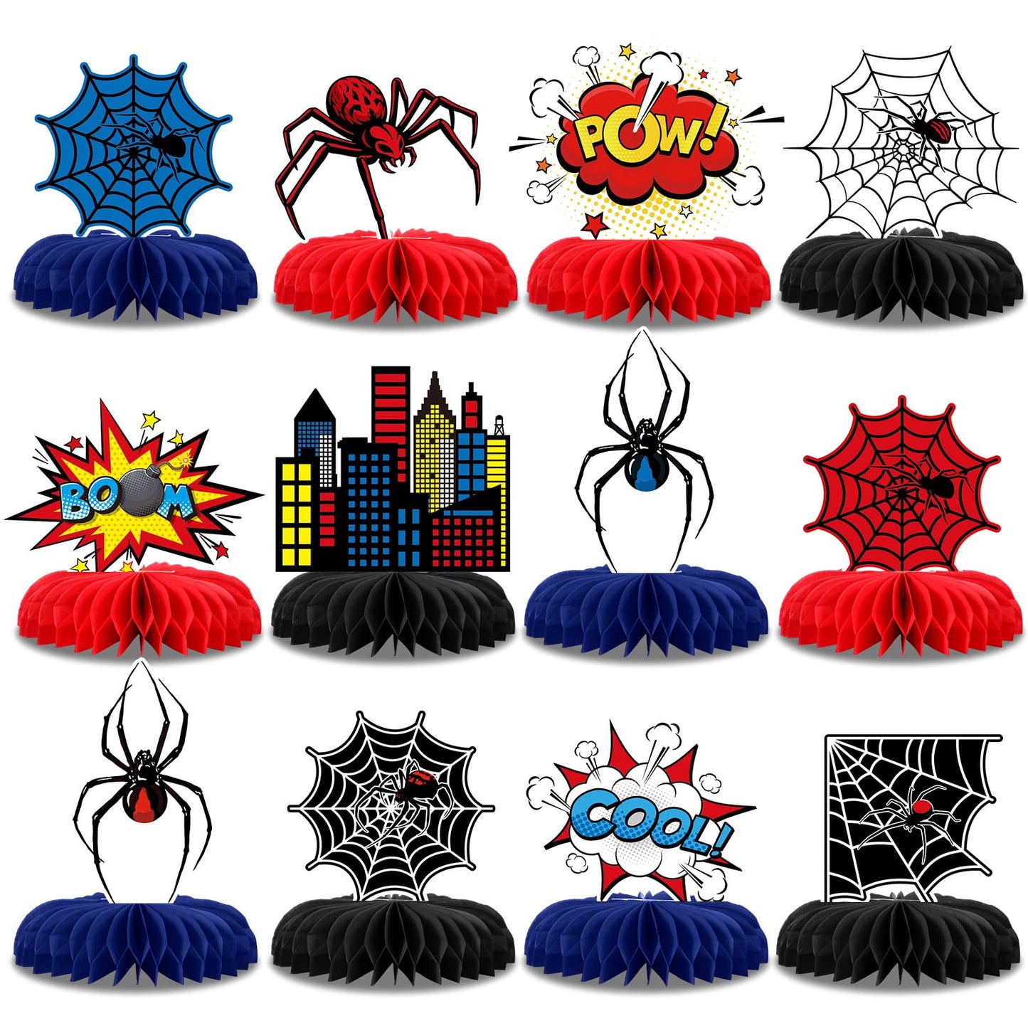 Pajean 12 Pcs Spider Honeycomb Centerpieces for Hero Birthday Party Decorations, 3D Heroic Comic Theme Table Toppers, Red Blue Spider Web Cityscape Paper Decor for Action Event Cake Table Supplies