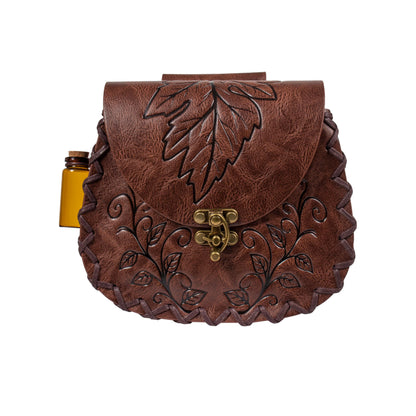 Retro Belt Pouch Medieval Retro Faux Leather Renaissance Costume Forest Elf Leaf Belt Bag Ren Faire Casual Waist Bag (Brown)