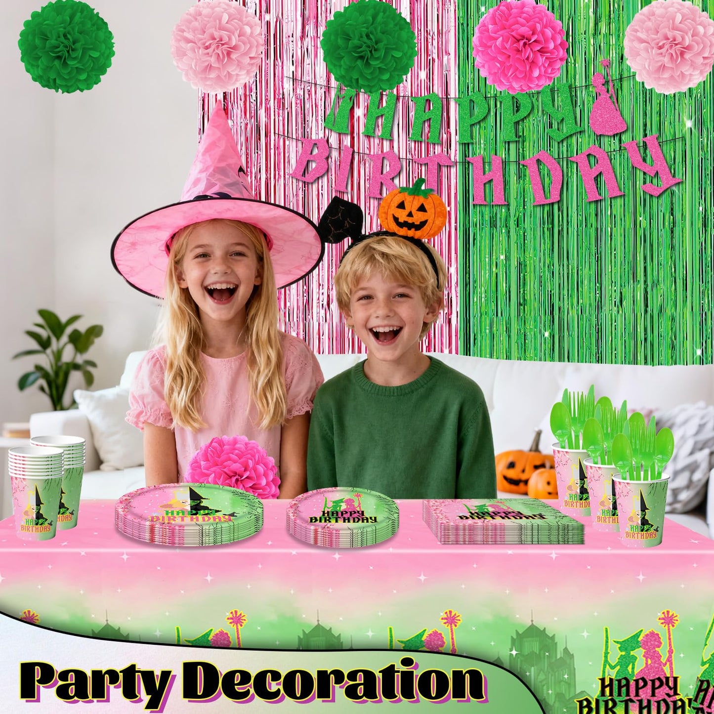 179Pcs Pink and Green Witch Party Decorations Tableware,Witch Table Centerpieces Movie Themed Birthday Party Supplies Include Banner Paper Pom Poms Plates Knives Forks Cups Set for Severs