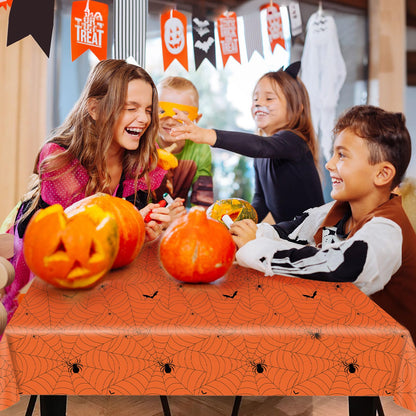 Sundonix Halloween Tablecloth Plastic Disposable - Table Cloth Cover Party Decorations for Rectangle Tables Black Spider Web Purple Orange 54x108 Inch(3 Pack)