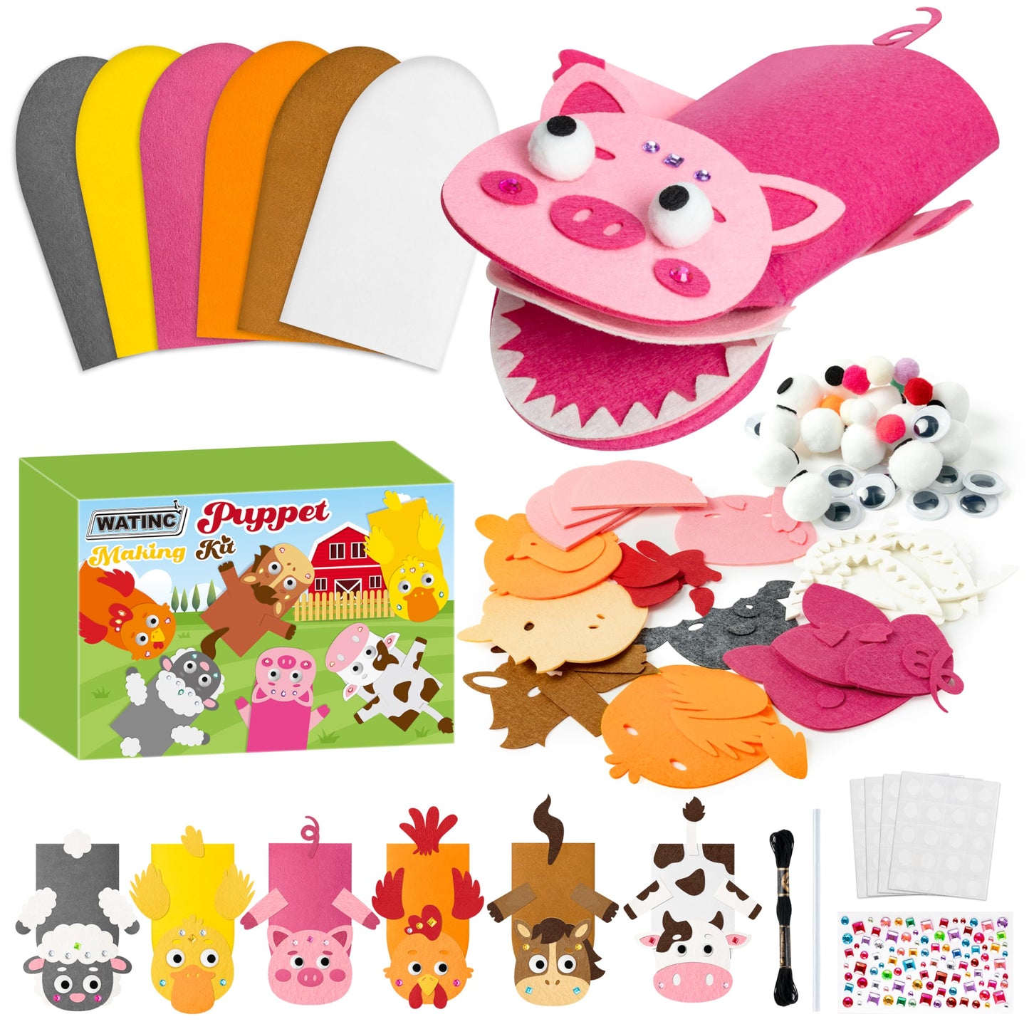 WATINC 6Pcs Hand Puppet Making Kit, Art Craft Felt Sock Puppet Toys, Creative DIY Make Your Own Pompoms Wiggle Googly Eyes Storytelling Role Play Party Supplies Gift for Girls Boys (Farm Animals A)