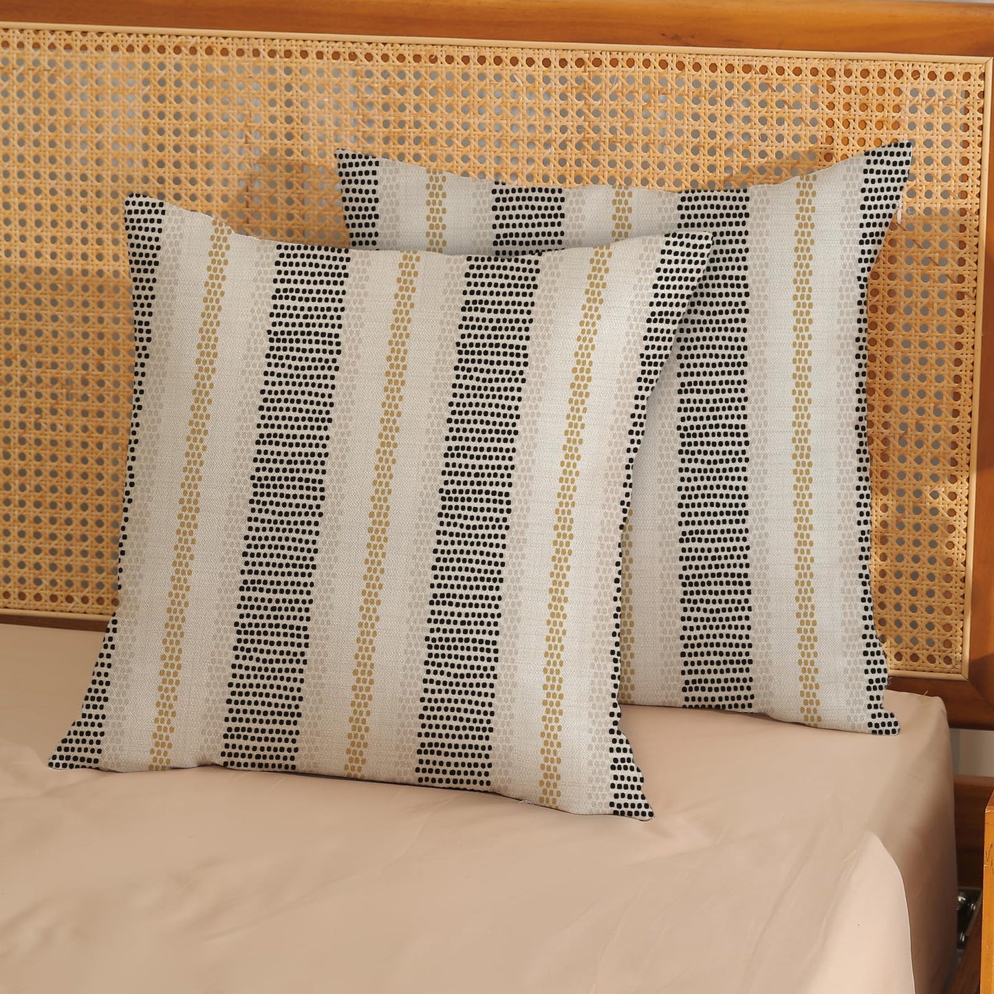 DAFENA Black Pillow Covers 18x18 Inch 2 Pcs Boho Mustard Yellow Polka Dots Striped Decor Throw Pillows Modern Geometric Outdoor Farmhouse Decoration Pillowcase Linen Cushion Cover for Couch Sofa
