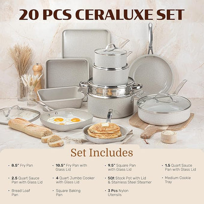 Granitestone Ceraluxe 20 Pc Ceramic Cookware Set Nonstick, Complete Pots and Pans Set Non Stick for Kitchen with Bakeware, Utensils & Steamer, Non Toxic Made Without PFOA PFOS, Oven & Dishwasher Safe