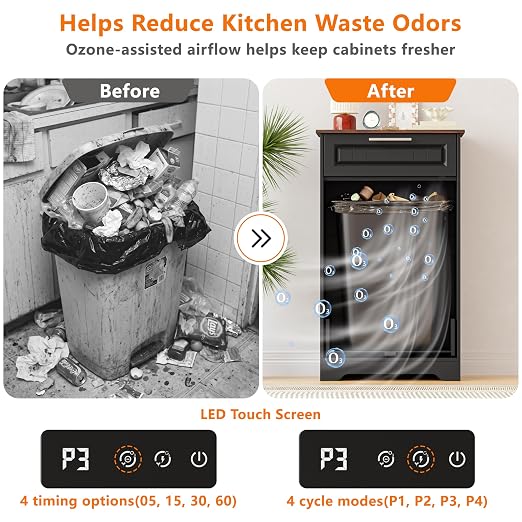 Single 10 Gallon Tilt Out Trash Can Cabinet with Deodorizing Function, Wooden Hidden Garbage Can Holder with Storage Drawers for Kitchen and Dining Room, Laundry Hamper Cabinet for Bathroom, Black