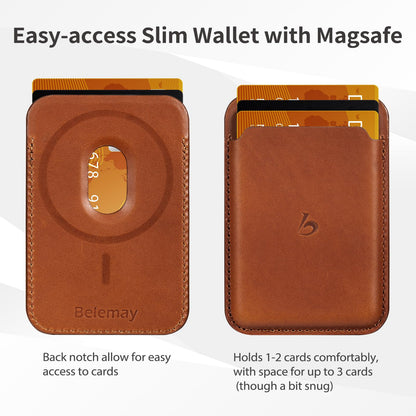 Belemay Strong Magnetic Wallet Compatible with Magsafe, Luxury Minimal Card Holder for 1-2 Cards, Premium Full-grain Smooth Leather Compatible with iPhone 17/16/15/14/13/12 series&MagSafe cases, Brown