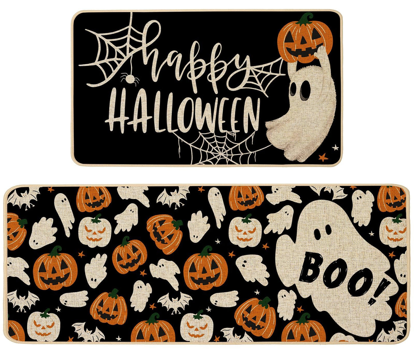Baccessor Happy Halloween Kitchen Rugs Set of 2, Ghost Pumpkin Kitchen Mats for Floor Hallway Laundry Sink Low-Profile Halloween Holiday Home Decor 17x29 and 17x47 Inch