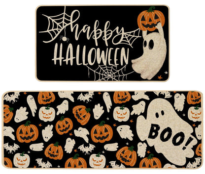Baccessor Happy Halloween Kitchen Rugs Set of 2, Ghost Pumpkin Kitchen Mats for Floor Hallway Laundry Sink Low-Profile Halloween Holiday Home Decor 17x29 and 17x47 Inch