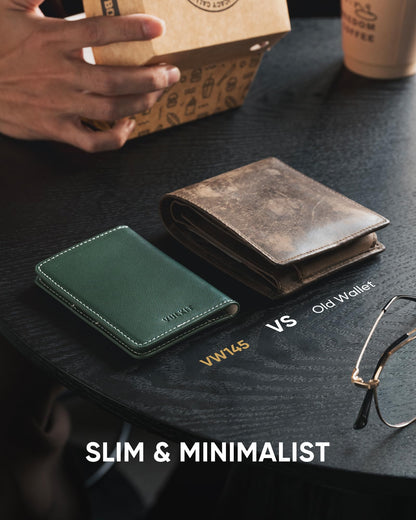 VULKIT Leather Slim Bifold Credit Card Holder for Max 8 Cards, Green