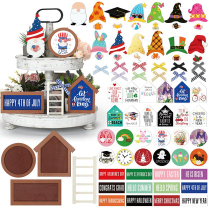 Lineshading 65 Pcs Interchangeable Seasonal Tiered Tray Decor Set Patriotic Farmhouse Summer Tiered Decorations Holiday Rustic Wooden Frames Arch Ladders Cards Bow Knot for Home Kitchen Table Decor