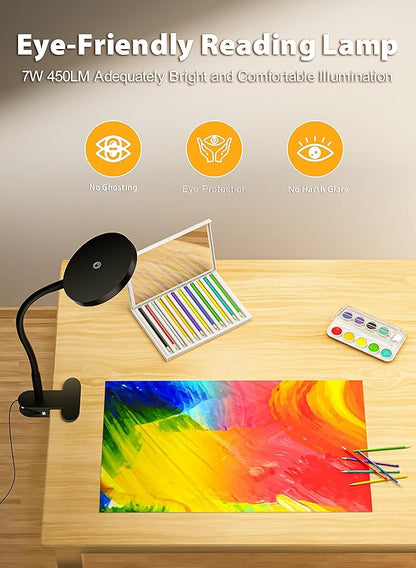 Clip on Light Infinite Dimmable Reading Lights for Books in Bed Headboard, 450LM Touch Control Clip Reading Lamp, Eye Care 3 Color Temperature Flexible Head Rotation for Bedside Night Light Black