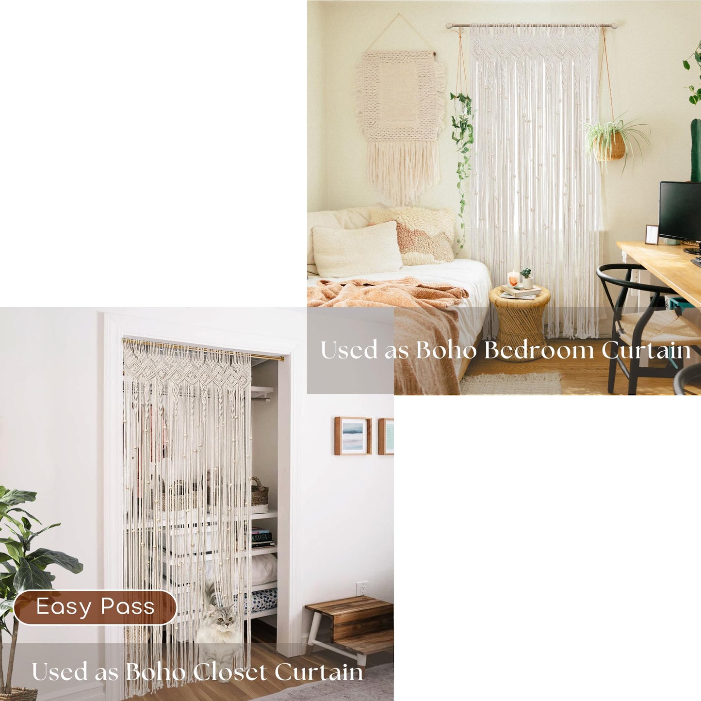 Lino Rosa Beaded Curtain for Doorway, Boho Beads Closet Curtain for Open Closet, Hanging Room Divider for Room Separation, 36" W x 80" L, Cream
