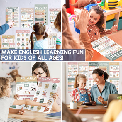 15 Pcs Boho Parts Of Speech Posters For Classroom (11"x17") English Grammar Classroom Posters, ELA For Middle School, English Wall Art, Nouns, Pronouns, Writing Process, Type of Sentences - UNFRAMED