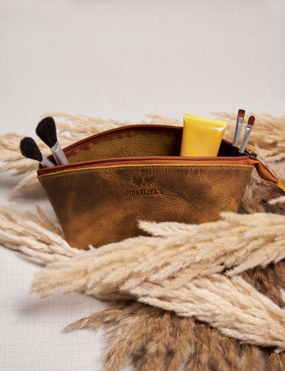 PIDAVLIYA'S Genuine Leather Versatile Gondola Style Handbag - Cosmetic, Toiletry, Makeup, Shaving Organizer Bag - Dopp Kits - Unisex (Antique Brown)