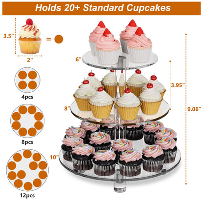 EffiQ-Rate 3 Tier Cupcake Stand, 4mm Thick Heavy Duty Acrylic Dessert Table Display Trays, 10" 8" 6" Round Cupcake Holder Decorative Bakery Tower for Wedding, Party, Baby Shower, Event