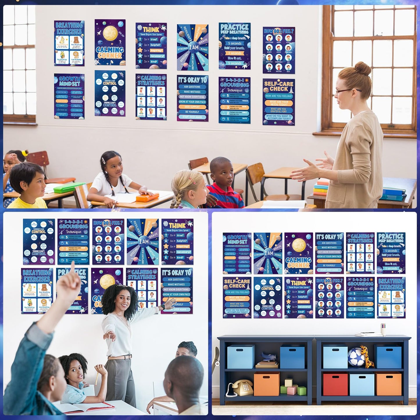12Pcs Calming Corner Posters for Classroom Space Emotions Feeling Poster for Kids Inspirational Back to School Wall Decor Solar System Mental Health Posters for School Office Home Teacher Supplies