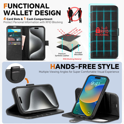 TUCCH Case Wallet for iPhone 15 Pro, Detachable Stand RFID Blocking 4 Card Slot Wireless Charging Shockproof Case, 2-in-1 Magnetic PU Leather Removable Folio Compatible with iPhone 15 Pro 6.1", Black