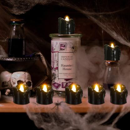 Renbuzhu 24Pcs Halloween Decorations Indoor Candles Black Tea Lights: Led Flameless Tealight Battery Operated Table Decor with Spider Webs (No Timer&Remote)